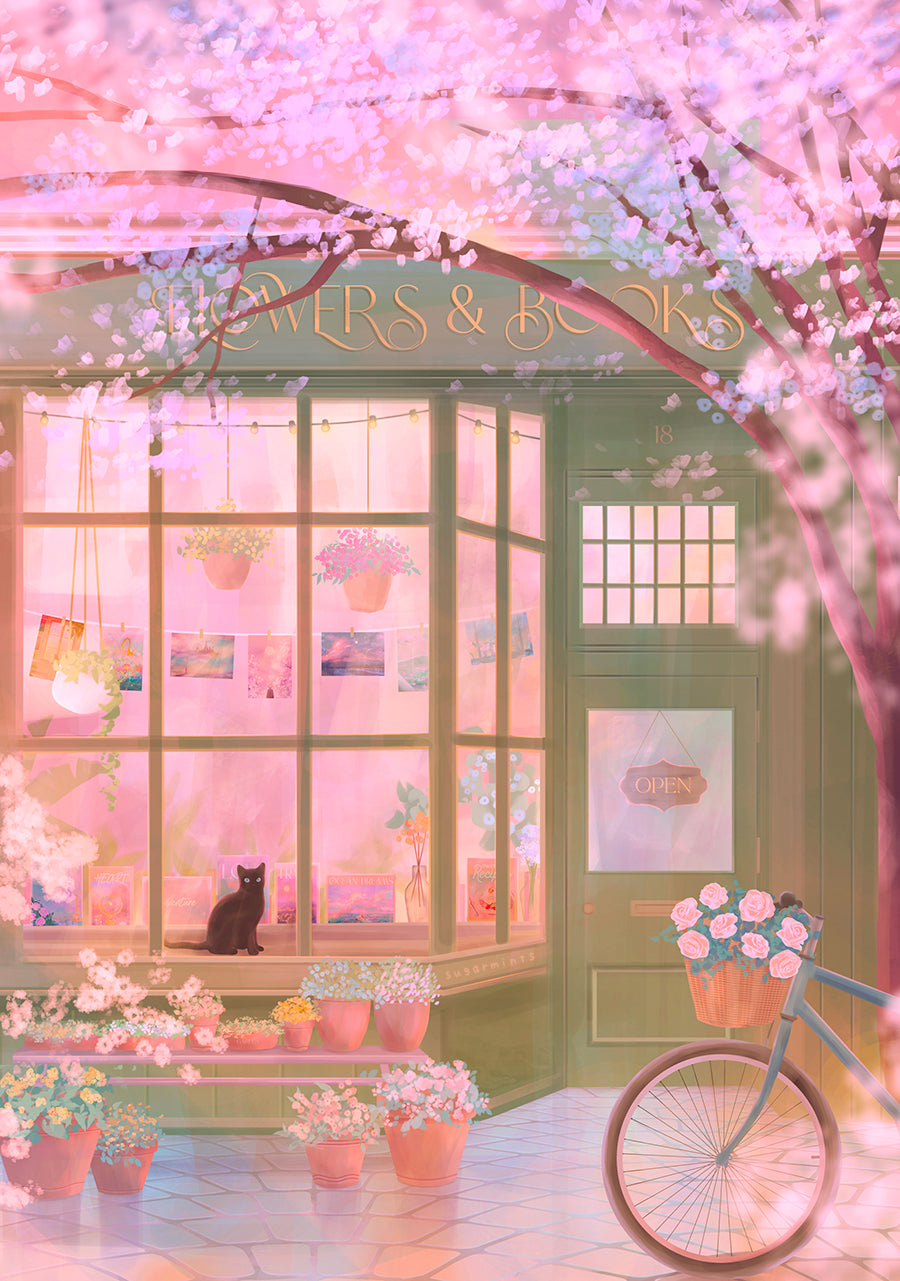Postcard: Flowers and Books
