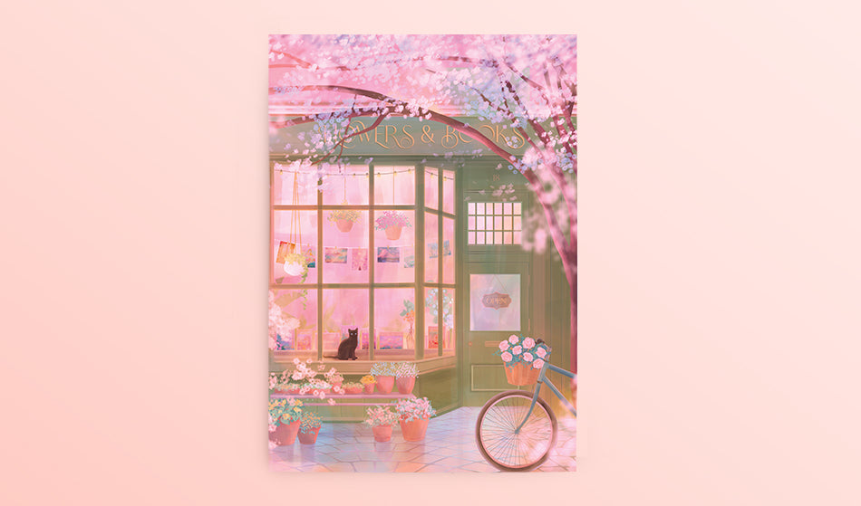 Postcard: Flowers and Books